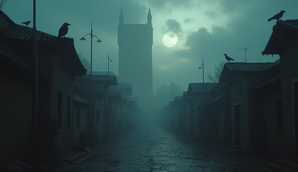 Hyperrealistic, 8k, photorealistic, dark and ominous atmosphere over the city of Caffa, 1347, subtle visual representations of death (e.g., shadows, mist, ravens), sense of impending doom, empty streets, closed doors, dramatic lighting, cinematic still, go...