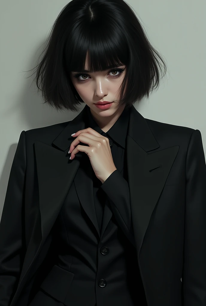  hair short and bangs covering her eyes with a black suit and handsome and jacket behind her back