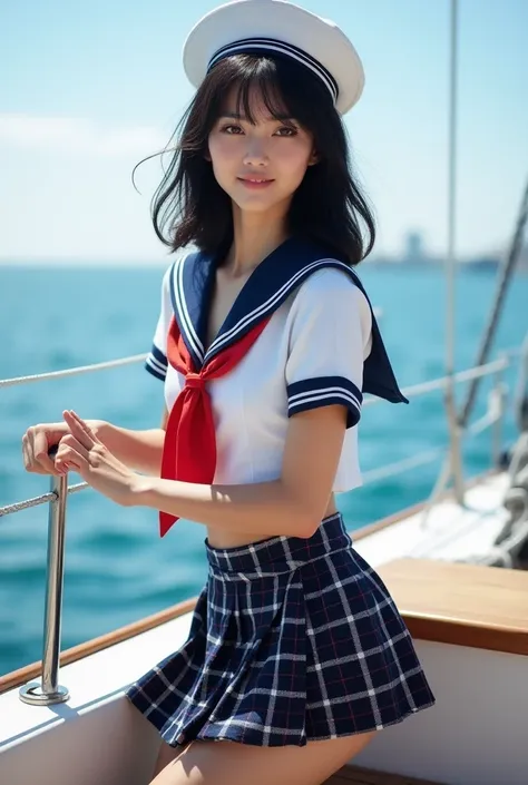 arafed woman in sailor suit posing on a boat, sexy, body similar to susana Zabaleta, semi black hair, sailor uniform cut,blue with white, sailor clothes, at sea, female sailor uniforms, sexy, posing sexy, on a boat, sailor uniform with loose collar, on the...