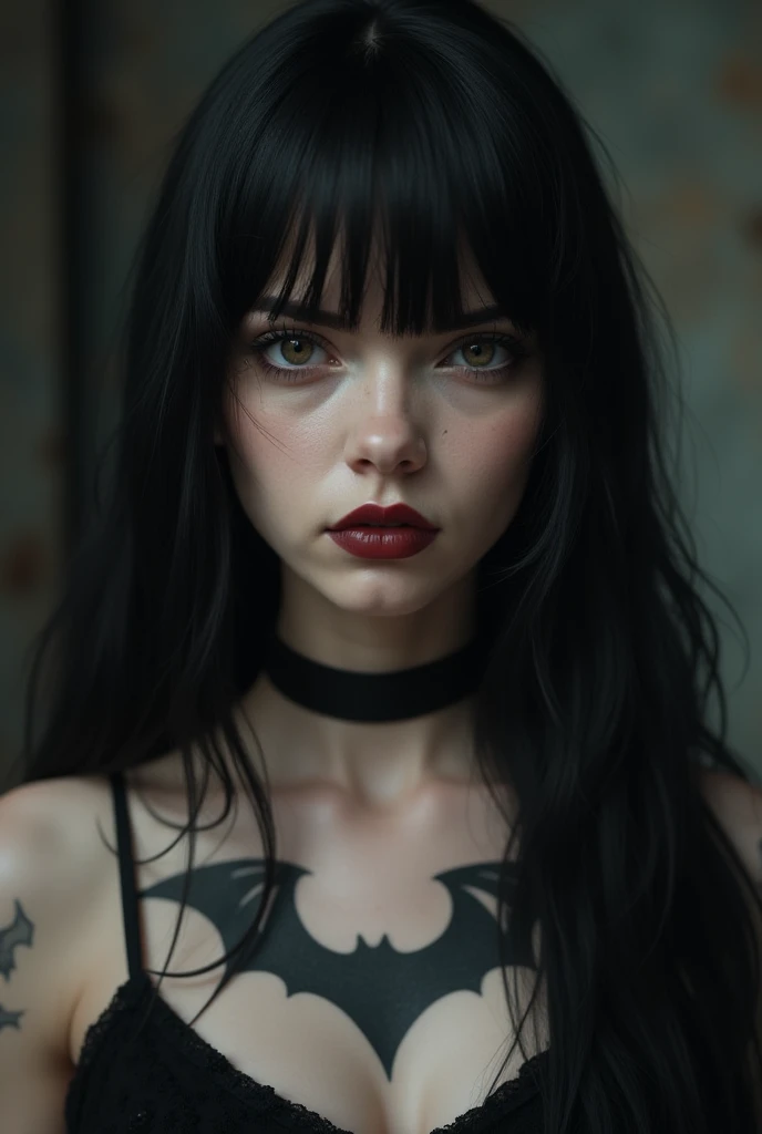 Generate an image of a long black-haired girl with white hair at the bottom, with a short-bang. One eye is brown and the other eye is grey. A eyebrow piercing. A big tattoo of a bat on her chest gothic style. Full, dark-red lips. Her face should be serious...