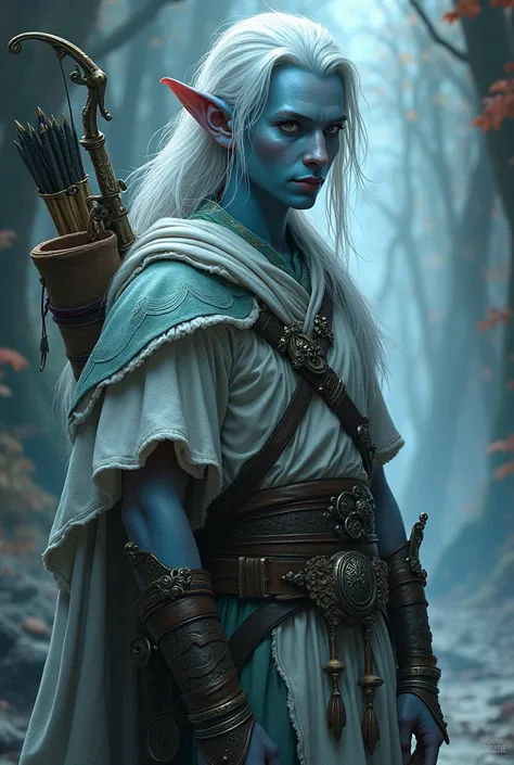 Elf with very light blue skin that shines like a dragon's scales, gray eyes,  white hair,  a crossbow on the back , Elvish cloth clothes , A cloth bag,  male, token para role play gaming