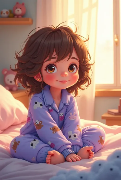 cartoon girl,  brown eyes,  loose brown hair, purple and blue pajamas with stuffed animals waking up in the morning