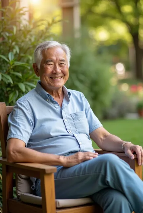  A smiling elderly person sitting on a wooden chair in a sunny garden . Next to him, a simplified ney model is displayed in graphic form ,  with highlighted creatinine levels and changes associated with different ages.  The setting is welcoming ,  with pla...