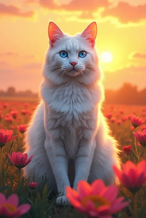 A magnificent cat with pristine white hair and bright electric blue eyes that stands in a field of magnificent flowers during an absolutely sublime orange sunset. 