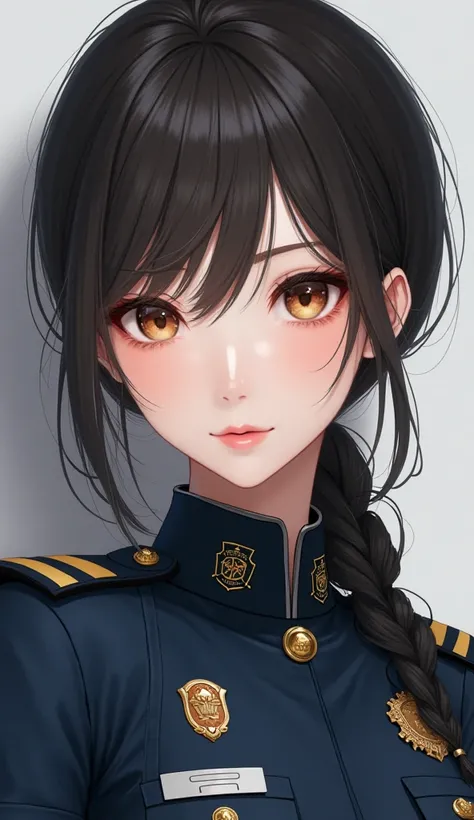 (anime) a woman,  dark brown hair ,  extremely detailed medium brown eyes . Braid in my hair with federal police clothing 