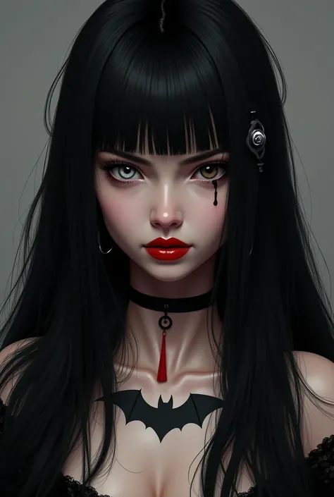 Generate an image of a long black-haired girl with white hair at the bottom, with a short bang. One eye is brown and the other eye is grey. A eyebrow piercing. A big tattoo of a bat on her chest gothic style. Full, crimson red lips. Her face should be seri...