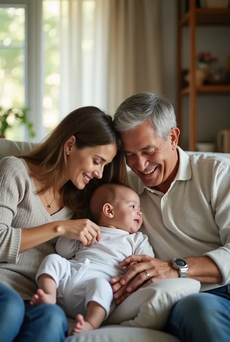  A multigenerational family in a cozy domestic environment , including a baby ,  young parents and grandparents .  Each member is represented in a realistic and smiling way .  Motivational text about the importance of personalized laboratory tests appears ...