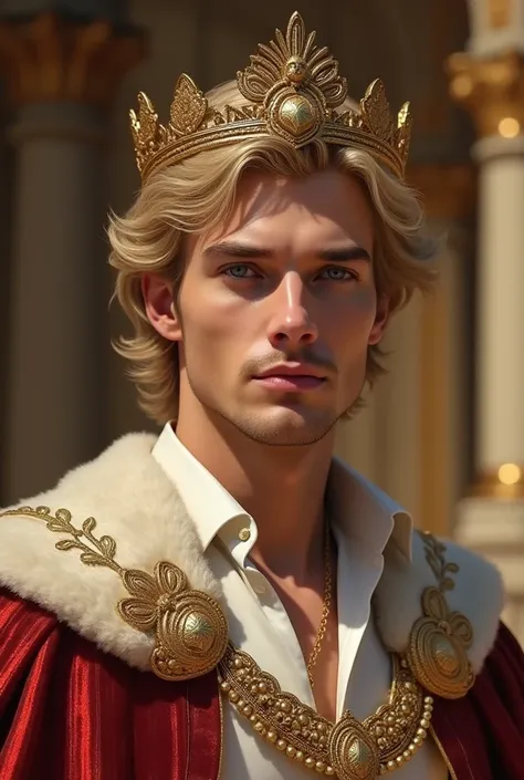  man in his 30s , with human features with short blond hair and heavenly eyes and clothes for a palace with a golden crown on its head 