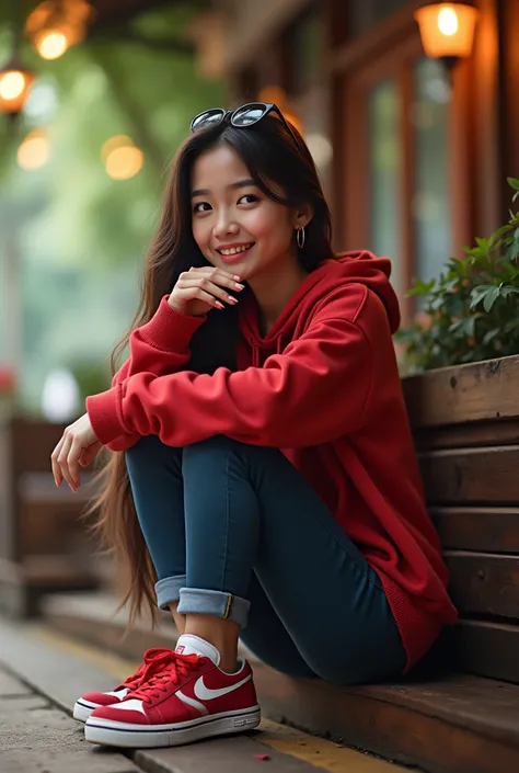  4D caricature of long haired Indonesian woman,  wearing a red hoodie and sneakers, sitting drinking coffee in caffe era ,  garden background , hyper-thealistic , high contrast, high color effect, 8k, detail, focus