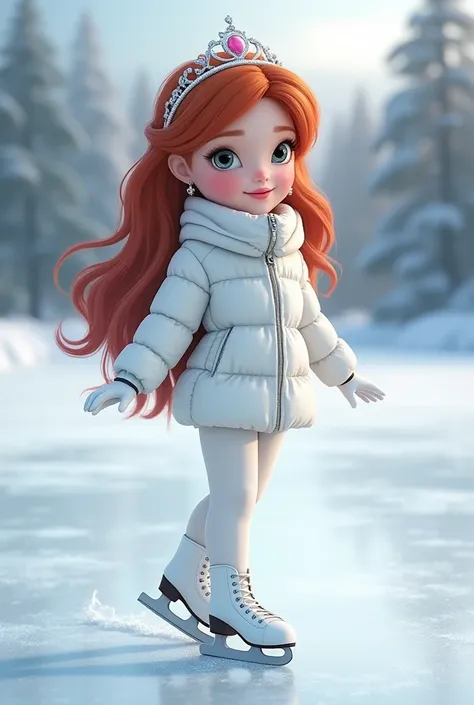 Give me an image that looks real and accurate on a luxurious ice rink is a beautiful  girl with white skin, gray eyes, long red hair, she wears a tiara on her head and she wears a white snowsuit and has white skates to make the image look real as I write i...