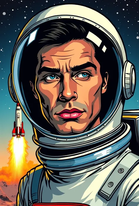 A vibrant pop art style image, in the style of Roy Lichtenstein, of an astronaut's face in close-up. The handsome man is wearing a helmet with a reflective visor and a silver jumpsuit. He is standing in front of a retro 1950s-style rocket. In the backgroun...