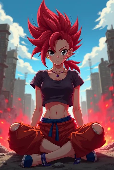  masterpiece, caulifla,  red hair,  pointed hair , Ojos rojos, clavicle, top tube,  looking at the spectator,  bruise on the face ,  gritted his teeth, cielo azul,  Ruined City , destroyed buildings , ((red aura)), ( super Saiyan god ),  torn loose pants ,...