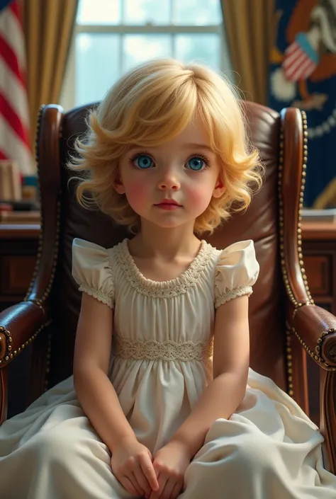 Blue-eyed blond boy with yellow hair in a dress ,  sitting in the presidential chair of the White House of the United States 