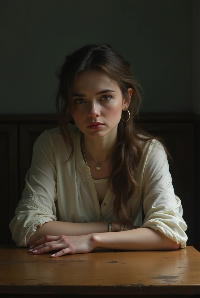 A Russian woman leans over the table