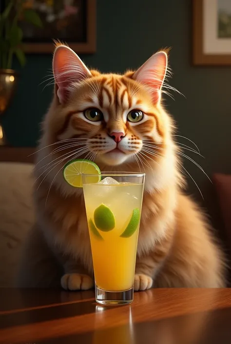 Hyperrealistic image of a light brown long-haired cat drinking a caipirinha