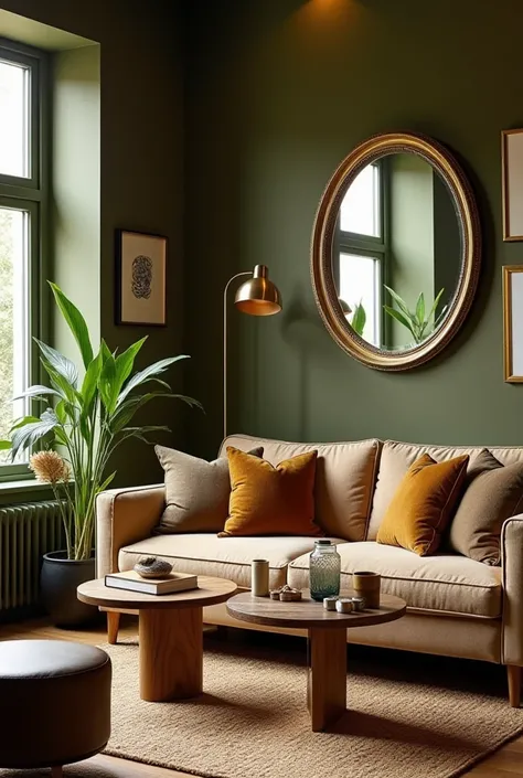 Male living room decoration photograph with round mirror,  frames on the wall, round watch, olive green wall color 