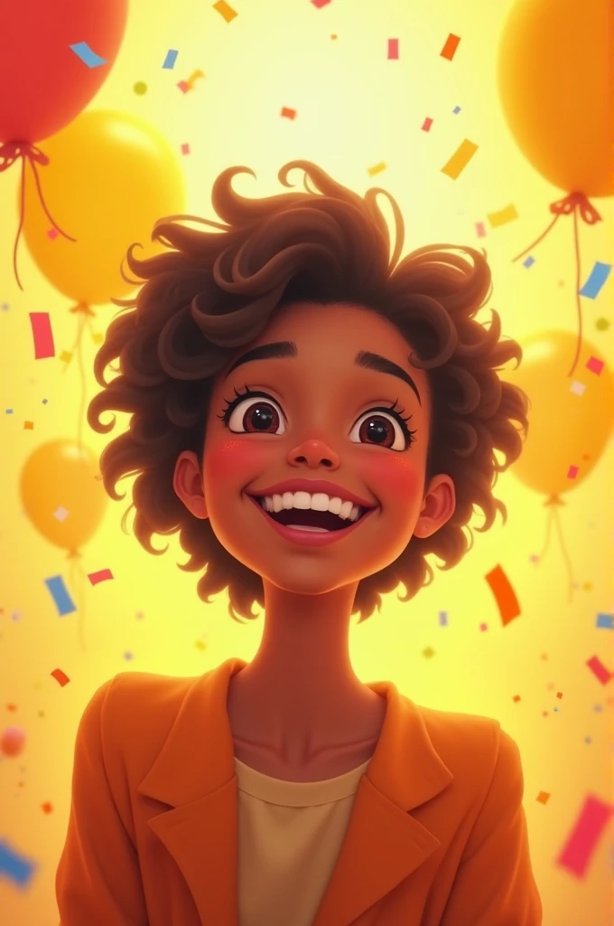 Joy — A smiling person, avec des couleurs vives (YELLOW, orange) et des éléments comme des ballons ou des confettis.
