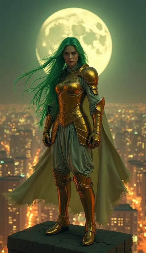 (Masterpiece, 4k resolution, ultra-realistic, very detailed), (Theme of knights of the zodiac, charismatic, there is a girl at the top of the city, wearing a golden gold armor Sagittarius knight, she is a superhero), [ ((18 years), (long green hair:1.2), f...