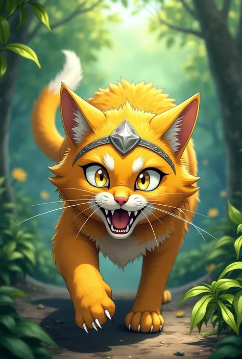 Wild cat, Completely yellow color ,World of anime, high quality,Is there a divine silver bracelet on the head,Bright light ,Do you have eyes shining brightly, sharp teeth, sharp claws, teeth showing,  forest background  