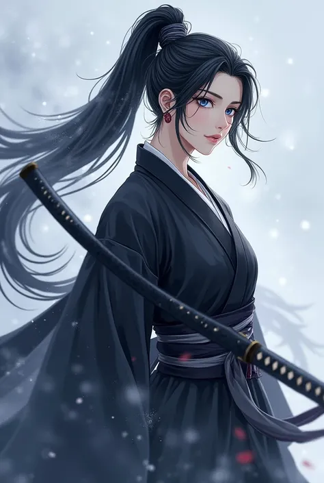  Make me a male character with delicate Korean features ,  from the world of murim cultivation ,  wearing a typical kimono of the era elegant and black color ,  long jet hair styled with a ponytail , blue eyes and snow-white skin .  With a snowy background...