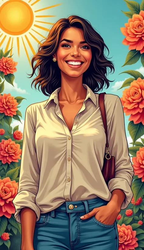 A discreet and casual image of an adult American woman in comic book style, smiling and appearing happy. She is dressed in casual and tasteful clothing, such as a blouse and jeans, with an approachable and friendly appearance. The background is vibrant and...