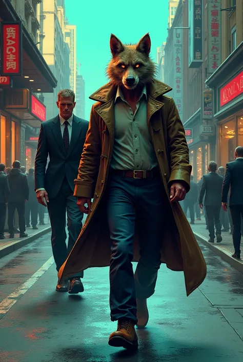 a man walking down a street with an line on his arm and a man in a suit walking behind him, Aquirax Uno, furry art, vfx, a comic book panel