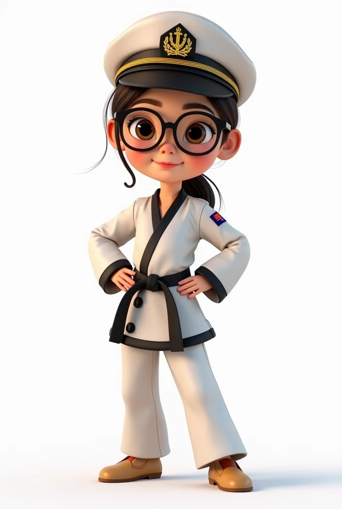 Animated Pixar-style woman wearing glasses dressed in taekwondo dae-do uniform black belt wearing a naval officer's hat of the Colombian National Navy wearing her hair tied up and tidy light brown with white leather on a white background