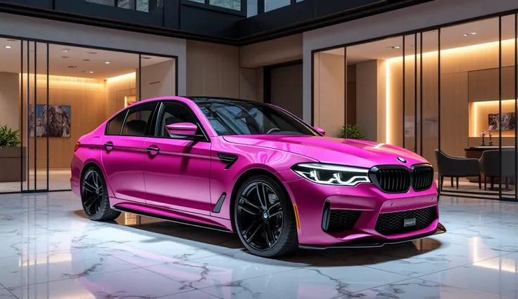 Ultra realistic and 4k image of (2025 BMW M5) (pink) is standing luxury showroom the full side