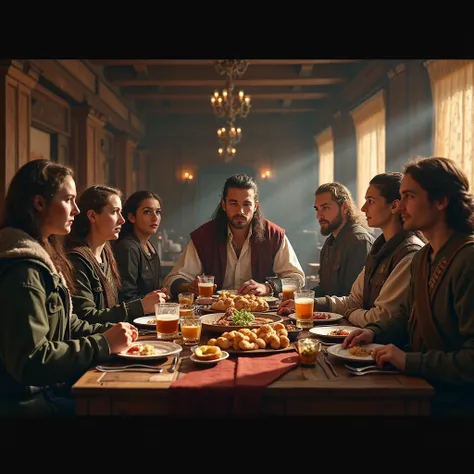  vigilantes eat breakfast,  a young master at the head of the table ,  is sitting next to him a beautiful scout girl, spacious tavern , 10th century , Rus,  cinematic shot 