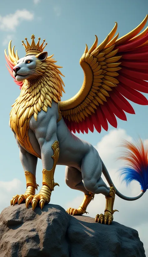 "A hyper-realistic mythical creature blending the strength of a lion and the majesty of an eagle, designed with intricate details inspired by the Real Madrid and Barcelona logos. Its muscular body is covered in a sleek golden and white fur pattern resembli...