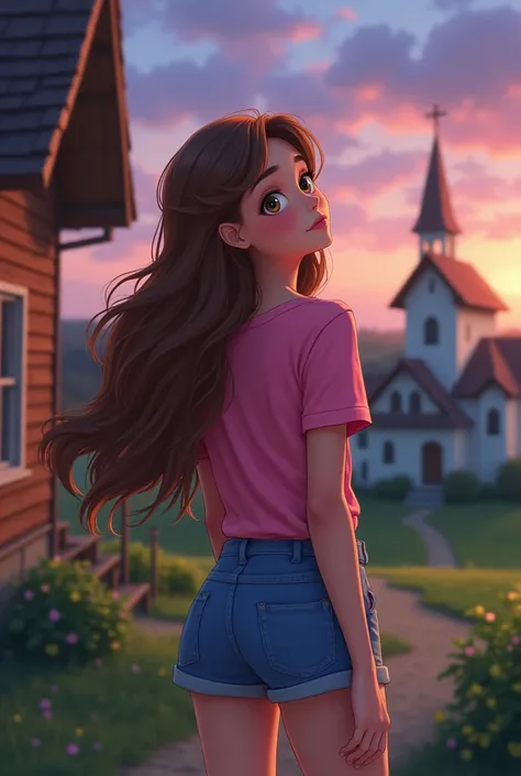 "-style 18 year old russian girl  animated girl with long brown hair, wearing a pink t-shirt and blue shorts, stands outside a small house in a peaceful village. She gazes at the evening sky with a dreamy expression, imagining herself dancing. The village ...