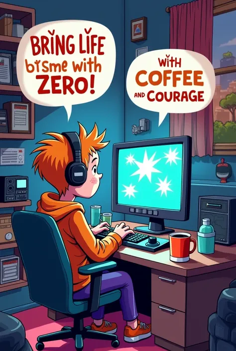  A screen showing him recording a gameplay video, with funny text balloons , As: " Bringing life to zero with coffee and courage !". Do it in a cartoon 
