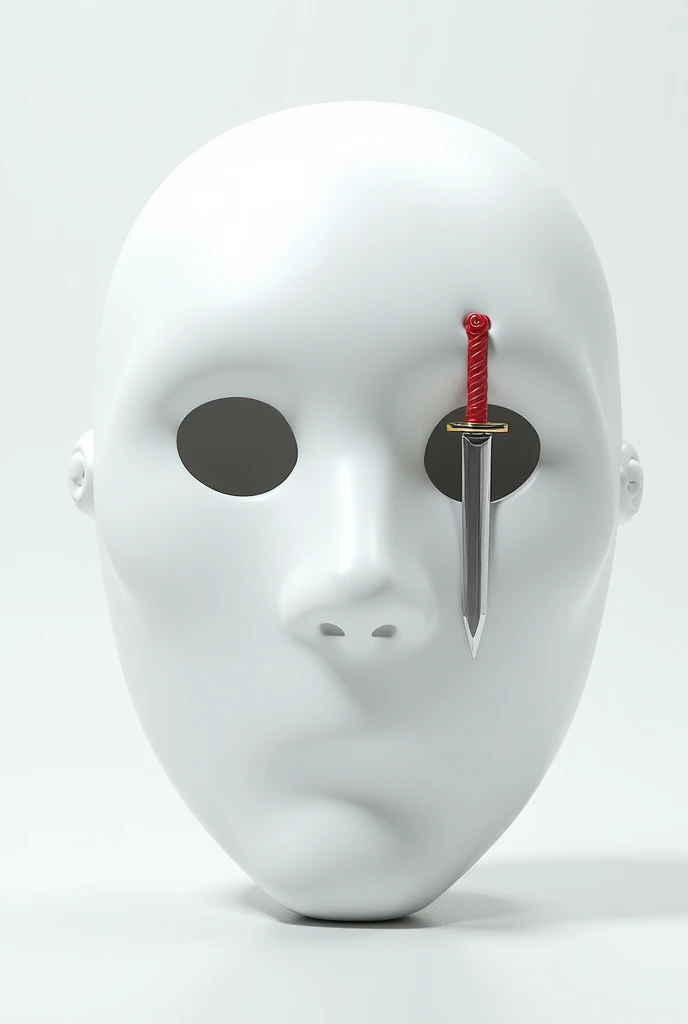   a white anime-style mask with a poker sword in one eye and completely white in the rest, It is totally white and the eye openings cannot be seen , But on the right there is a poker sword  ,Mask, but not realistic , the plan, mas direcionando um ângulo pa...