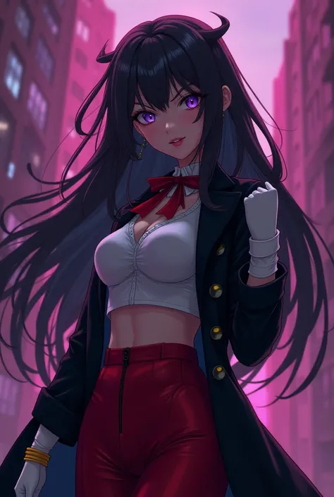 Isoscale ,  medium plane, Evening, ,,, cabello morado,  black jacket , white, black flick, RED RIBBON,  Big breasts,  purple eyes,  white gloves ,  wide hair, Cuello grande, wicked smile ,, shiny thigh-high boots ,(wicked smile :1.3), highly detailed CG Un...