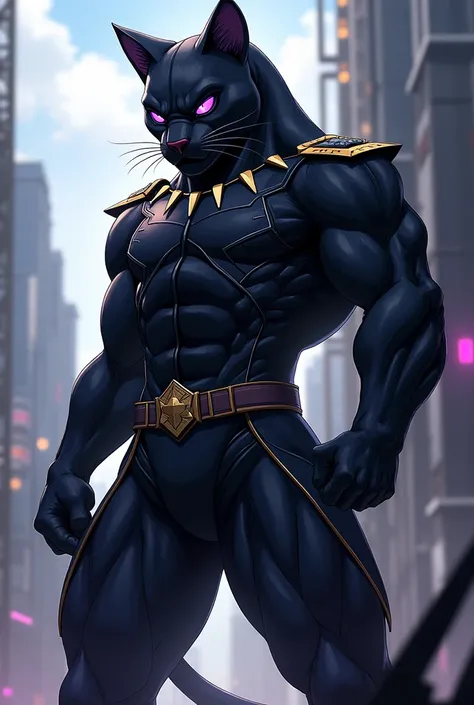  The Black Panther ,  with purple eyes , military uniform,  Anime style  , stands on four legs 