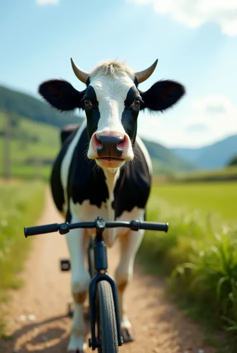 Create a realistic macro photo image in 4k of a smiling dairy cow arriving on an electric bike 