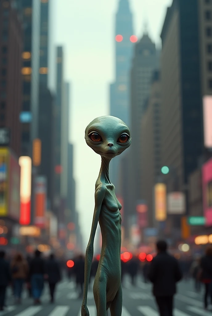 Take me a picture of an alien in new york looking at people