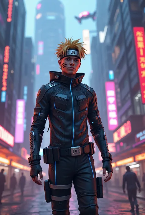 Create a futuristic city with Naruto wearing cyberpunk clothing 