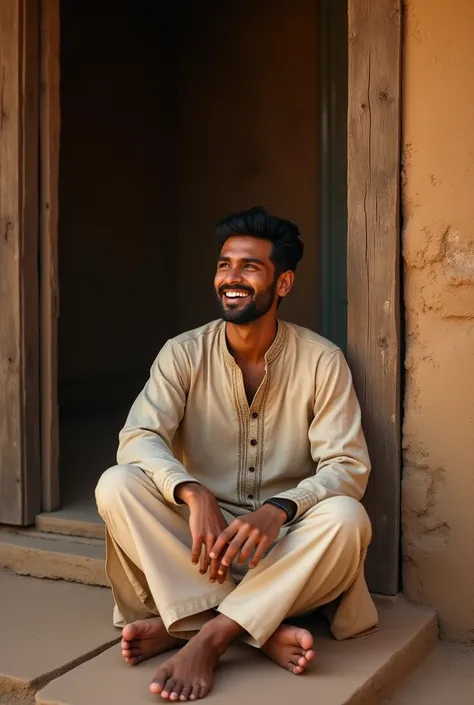 A handsome guy who is  and wearing Pathani clothes is sitting in his mother's house and laughing and behind him is a house made of old wood and mud. 