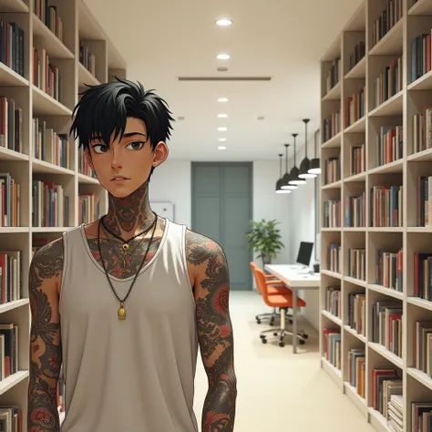 An elegant bookcase ,  white walls , book shelves, tables and chairs,  a reception desk ,  a computer corridor ,  carpet all over the beige floor a young man of 18 years with short black hair with wet effect with tattoos,  with a slim build and white tea 
