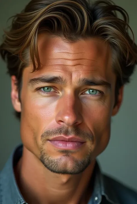  A young and extremely attractive man ,  with features that evoke the charisma and elegance of Brad Pitt at his best .  His emerald green eyes are dazzling ,  with a magnetic glow that instantly captures attention ,  framed by long and thick eyelashes that...