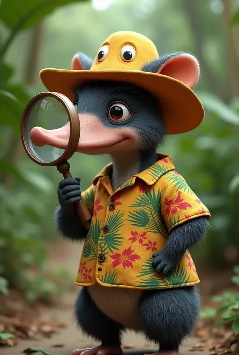 Aardvark wearing Hawaiian shirt duck hat and magnifying glass