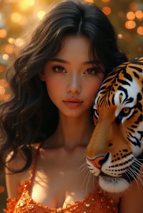 I would like an image like Pixar images: A beautiful white woman, brown eyes, big black hair and a tiger on the side full of money 