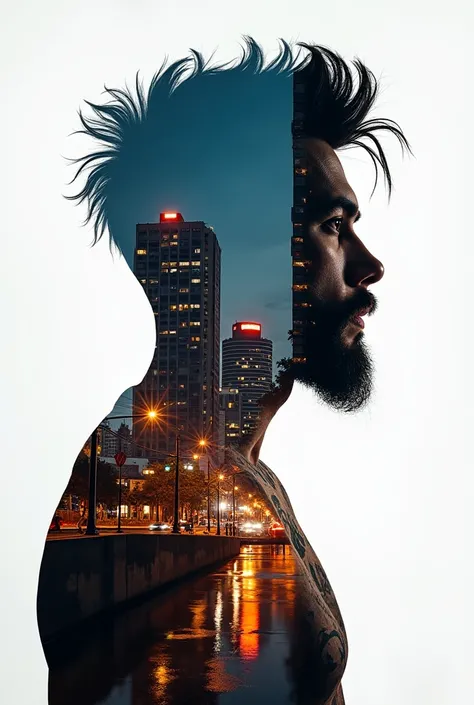 The image features a striking double exposure effect, combining the silhouette of a handsome rocker man with a beard, trendy haircut, many tattoos with an urban landscape of the city of Bogotá. The man's profile is prominent, with a clear outline on a ligh...