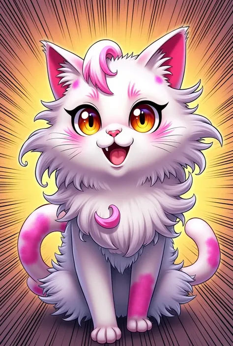  comic panel Boku no Hero,  Cat, long white curly hair with pink highlights,  golden eyes