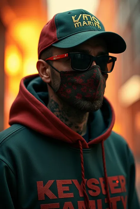 Un homme blessé, avec des cicatrices portant une capuche déchiré moitié vert, pistache et moitié rouge et user avec un logo KSF De couleur rouge électrique, un pantalon Nike noir et une casquette avec l'inscription KSF Des lunettes de soleil noir, et un ma...