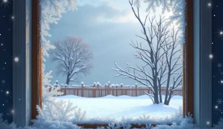 **Prompt:**  
"A frosted windowpane reveals a serene winter scene outside. Snow blankets the ground and trees, with delicate icicles hanging from the edges of the window frame. Soft snowflakes gently fall from a cloudy gray sky, adding motion to the stilln...