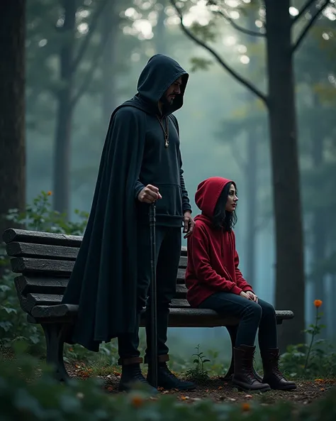  Man in a hoodie and black hero cape with a cane in his hand next to him a beautiful woman in a hoodie in the color red 
Sitting on a bench 

Forest scenery at dusk 