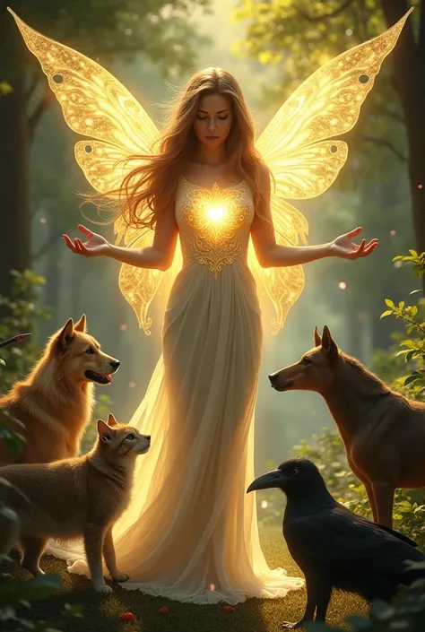  Fairy woman with long brown hair, Healing through the hands .  Golden light in the heart and hands .  enchanted forest. dog, Cat, corvo,  horse and snake around 