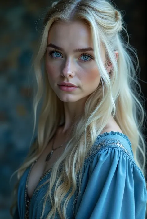 A woman ca. 20 years, iceblue siren eyes, small nose, majestic, mysterious like out of a fantasy book. Admirable but not cute. She has lightblonde long hair and wears a besutiful blue gown. Make her look medieval and not that beautiful. Make her skin more ...